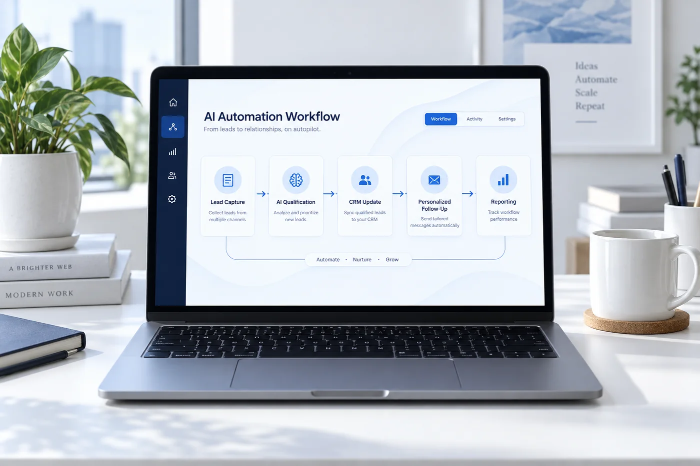 Workflow d’intelligence artificielle et d’automatisation reliant leads, CRM, suivi et reporting