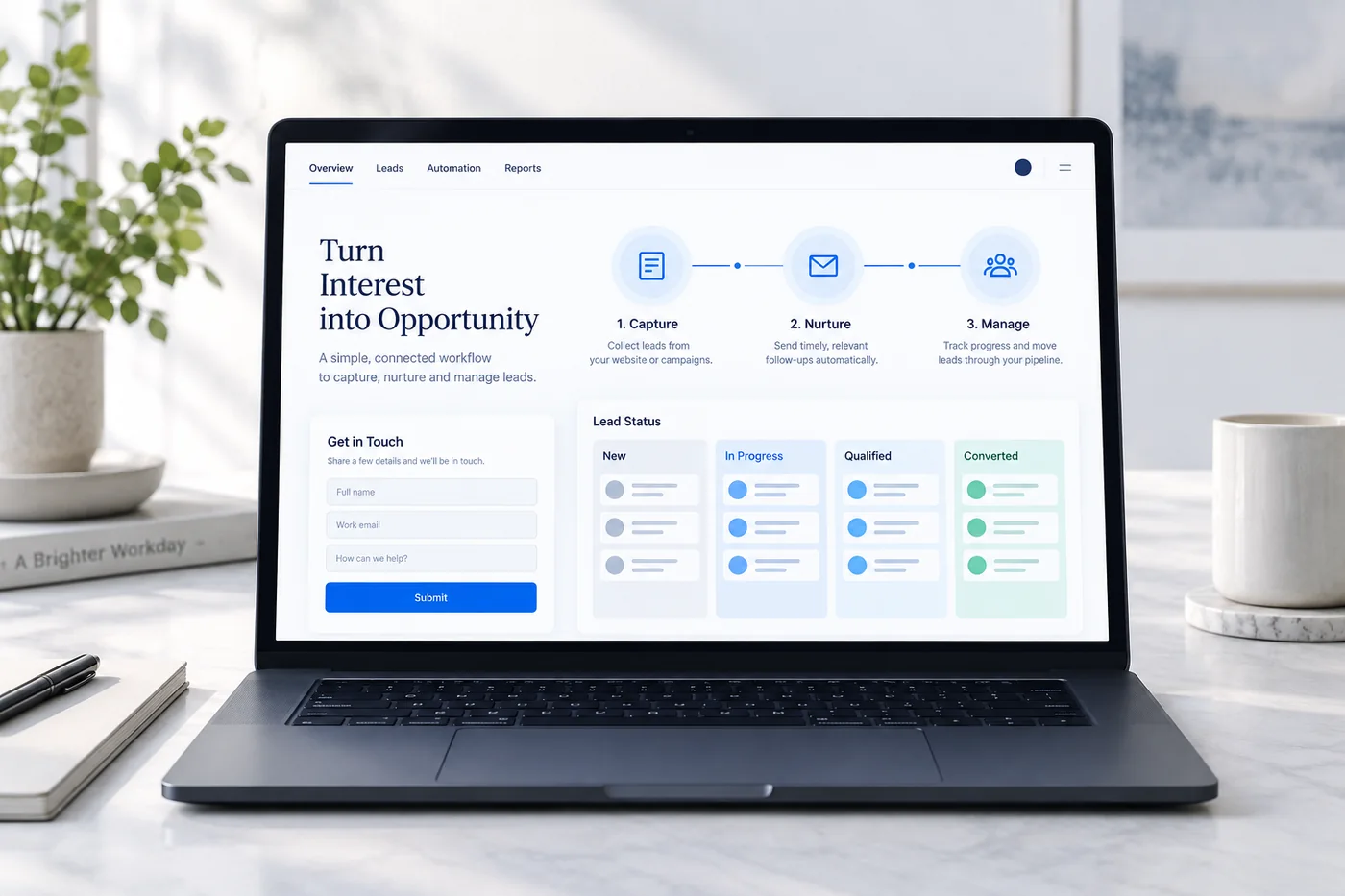 Interface illustrant un workflow de capture, qualification et suivi des leads